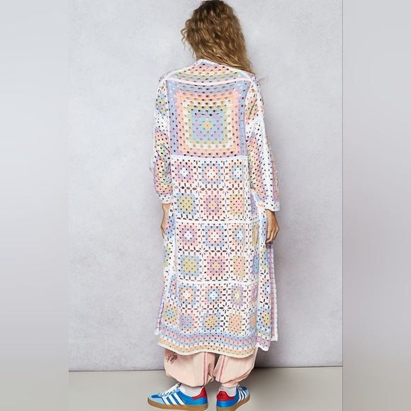 POL Sweaters - POL Pastel Crochet Granny Square Duster Kimono Cardigan OSFA